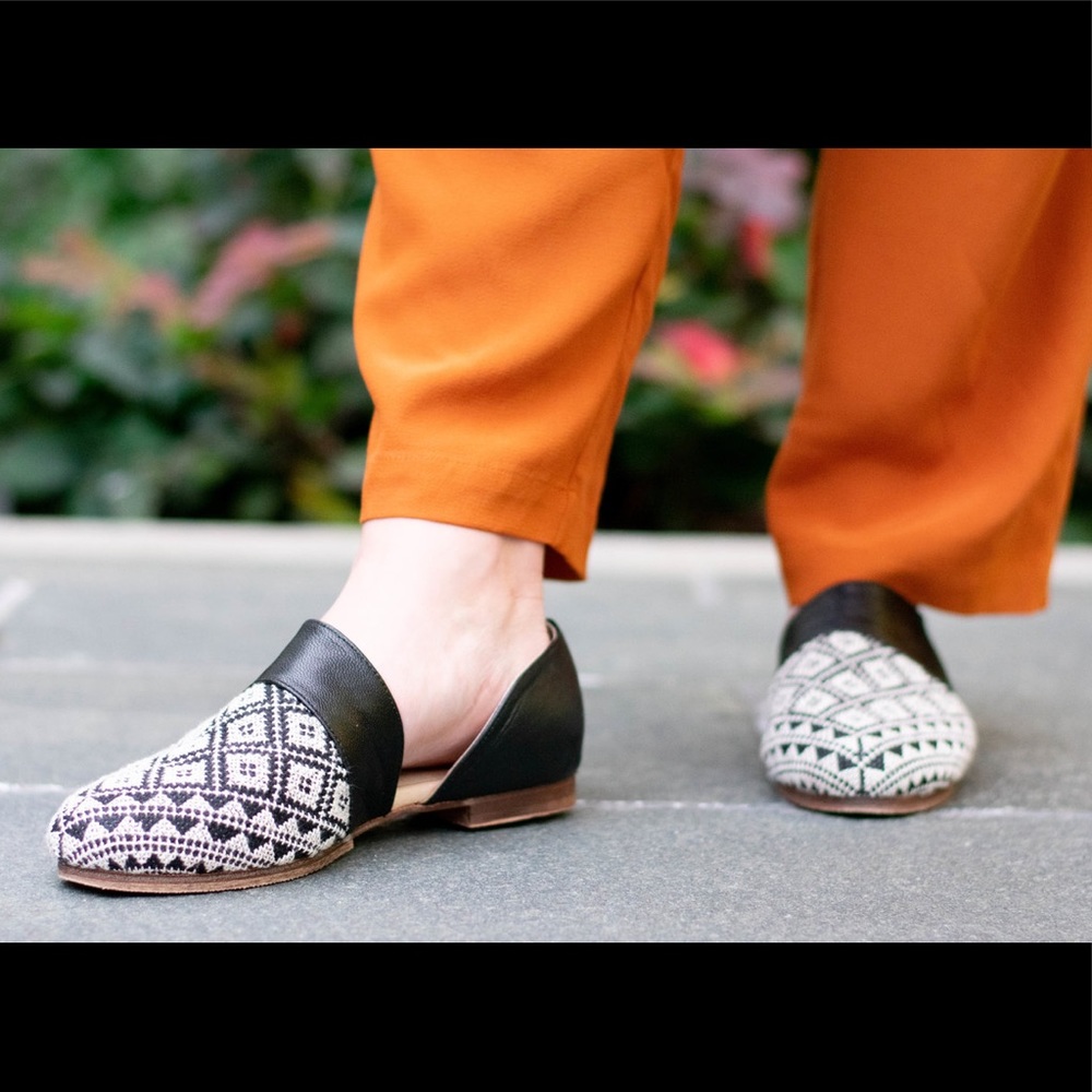 Black and White Embroidered leather Flats Fair Trade